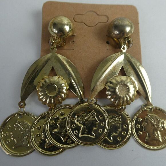Boho International Festival Faux Coin Gold Tone Necklace Dangly Earrings Set - Picture 2 of 10